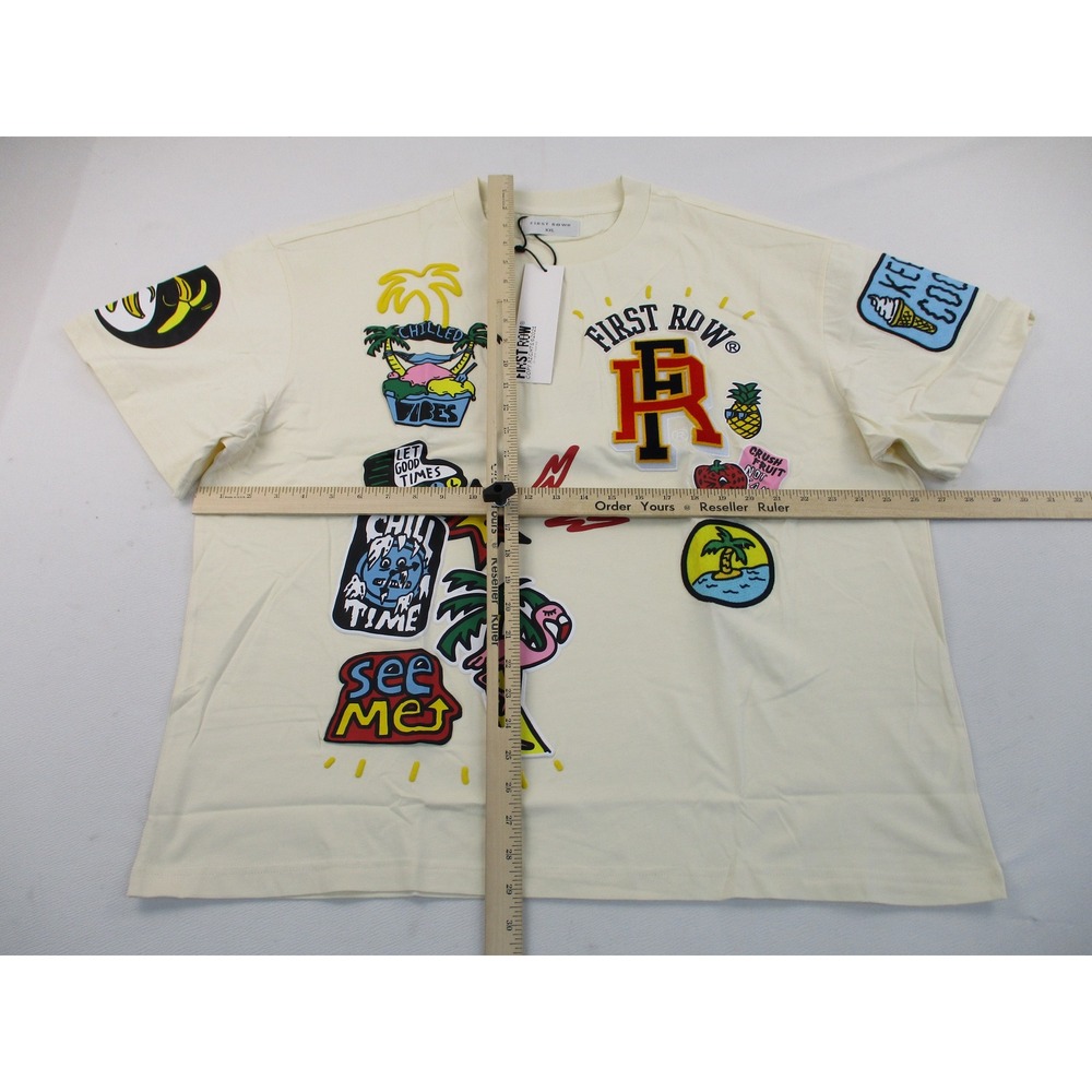 First Row T-Shirt Mens 2XL Beige Multi-Graphic Patch Varsity Streetwear Tee NEW - Picture 7 of 11